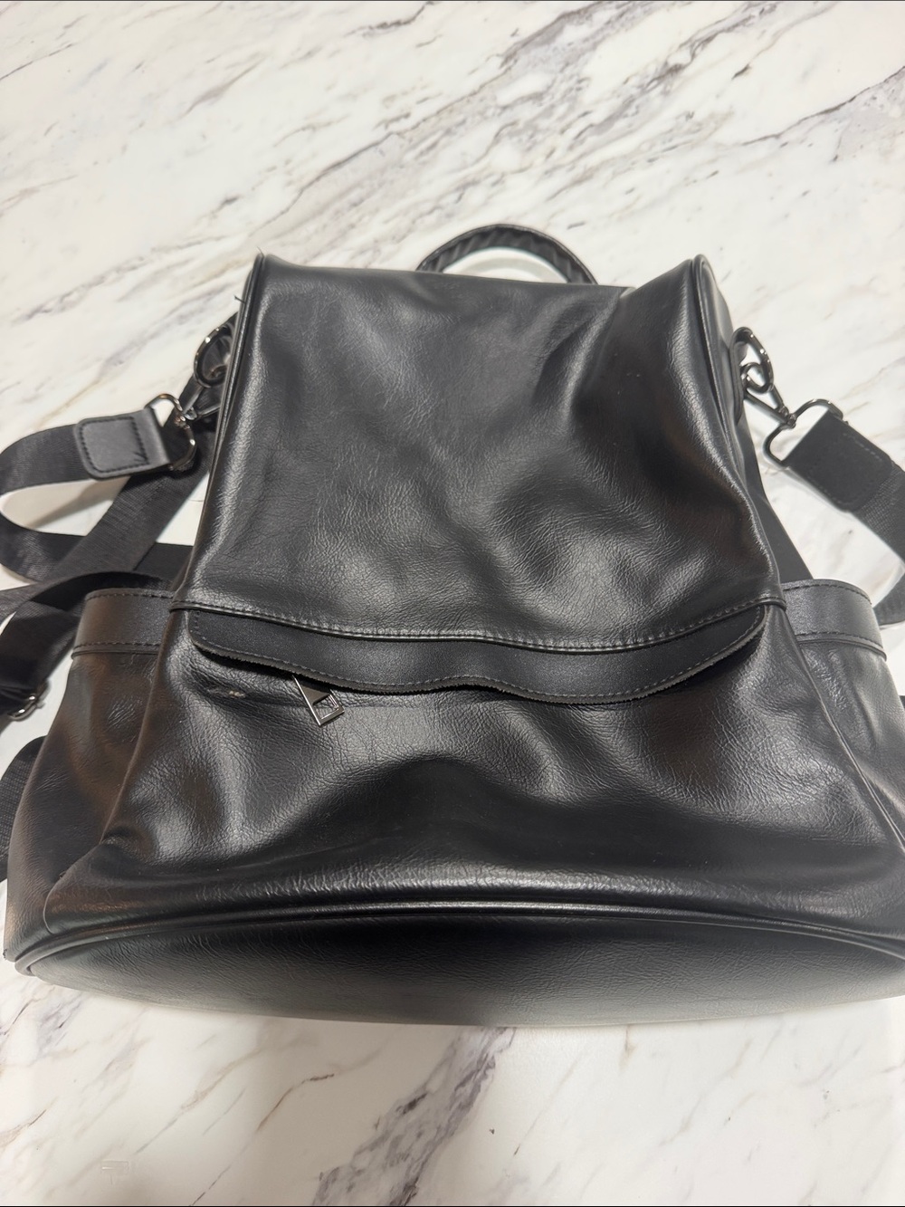 Sleek Black Leatherette Women's Backpack with Front Pocket
